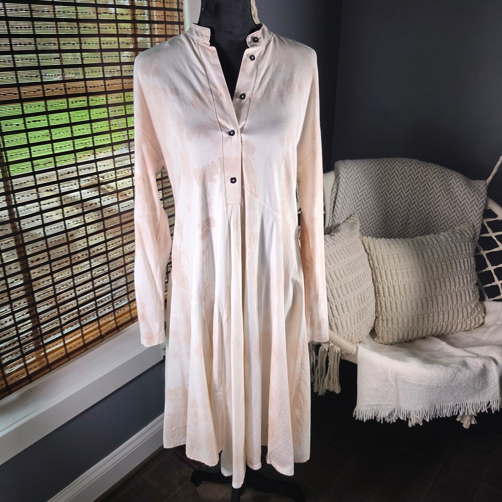 Zara Peach White Tie Dye Shirt Dress Cotton Long Sleeve Small Boho Beachy